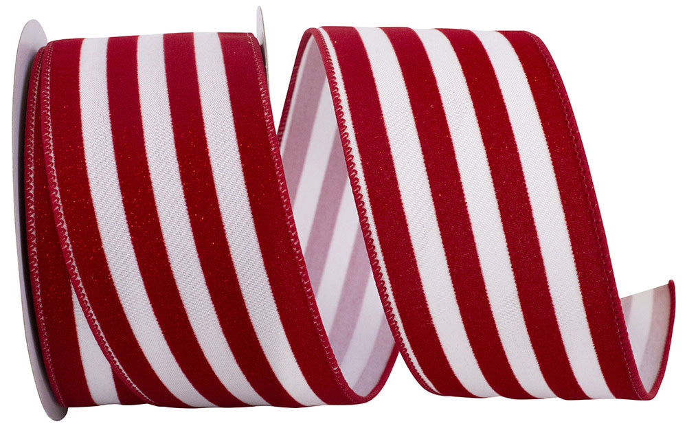 Red and white striped grande velvet ribbon with wired edge sparkle