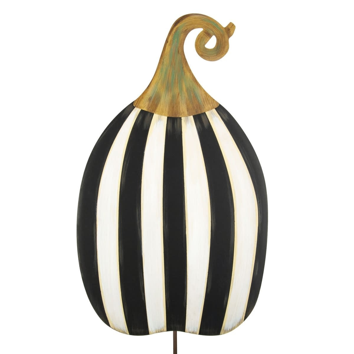 Tall striped pumpkin yard stake with vertical stripes in orange and white.