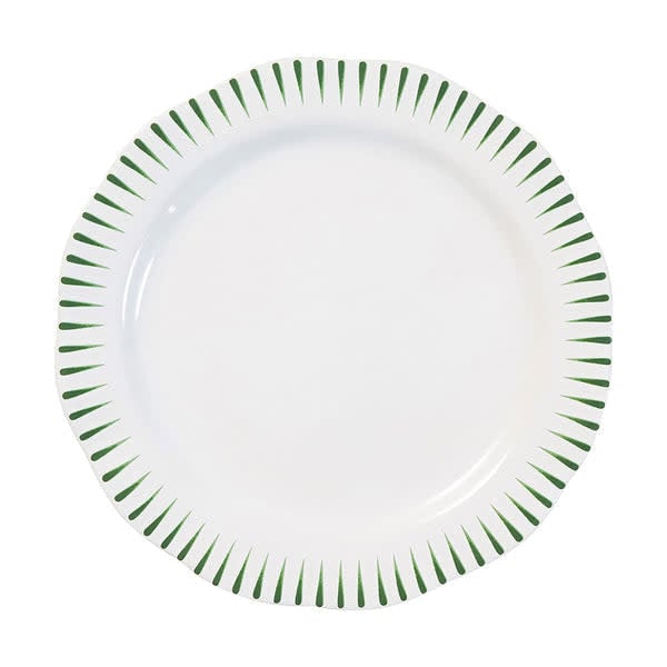 White ceramic dinner plate with Delft blue rim stripes on Portuguese stoneware