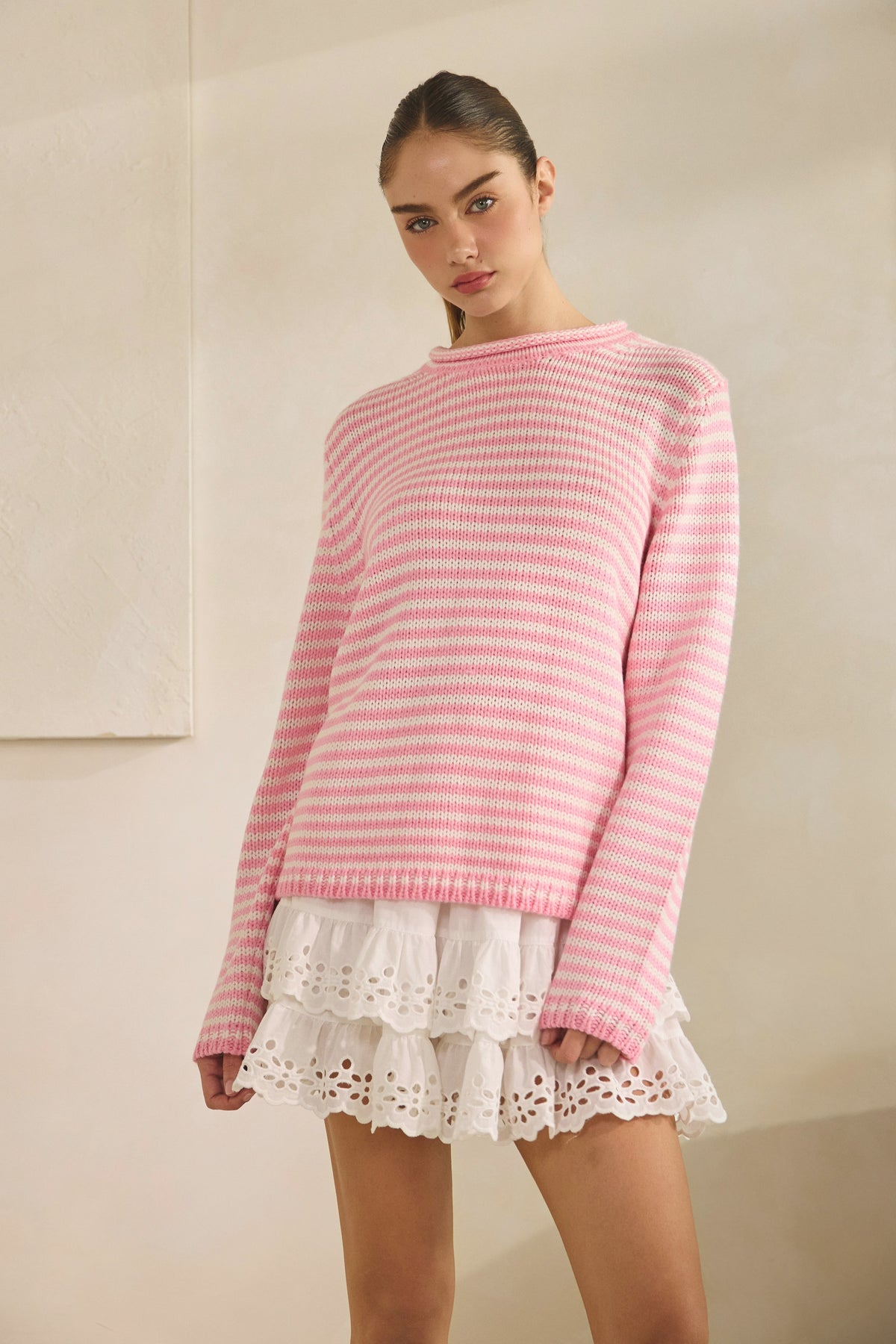 Oversized Selene stripe knit sweater in soft gray with dropped shoulders, ribbed cuffs, and side slit detail.