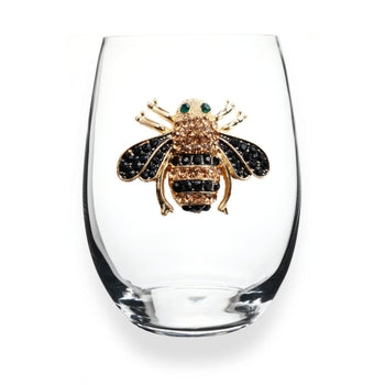 Handcrafted stemless wine glass with jeweled embellishments around the rim in clear crystal.