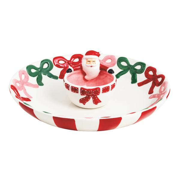 Ceramic Bow Santa Chip & Dip Set featuring a Santa dip bowl and a platter with colorful bows.