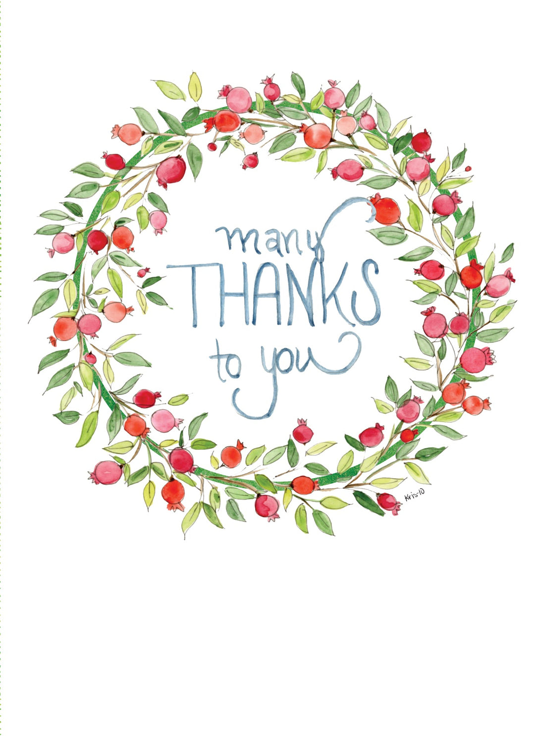 Watercolor greeting card with a pomegranate wreath and the text "many THANKS to you".