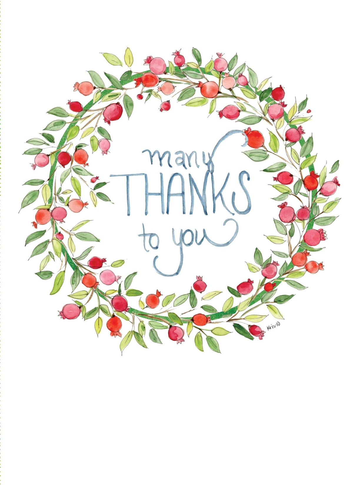 Watercolor greeting card with a pomegranate wreath and the text "many THANKS to you".
