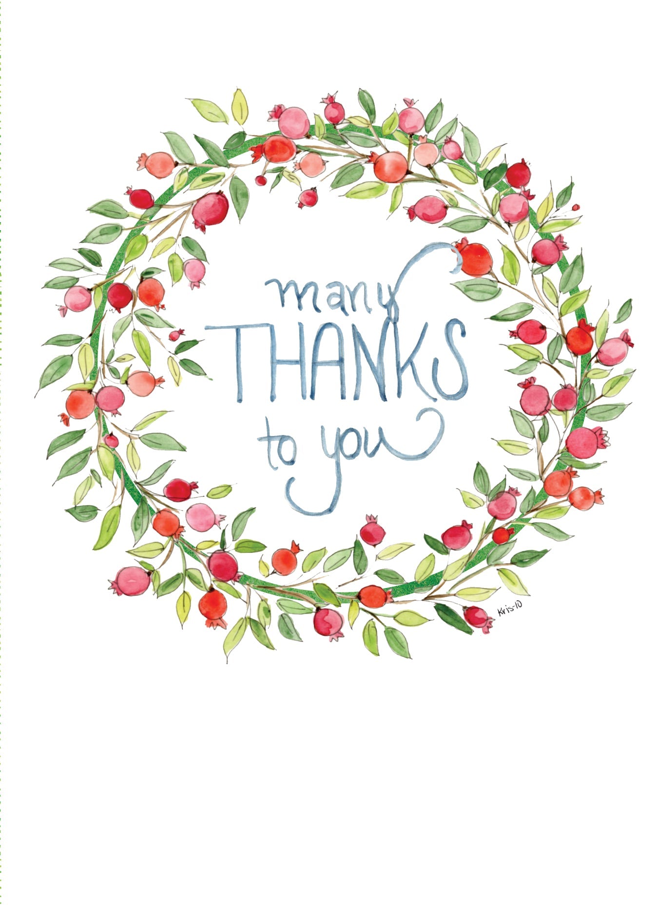 Watercolor greeting card with a pomegranate wreath and the text "many THANKS to you".