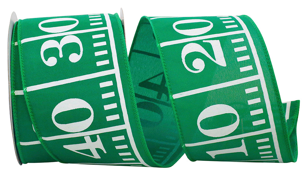 Green 2.5-inch wired edge ribbon with white football field yard line markings and numbers.