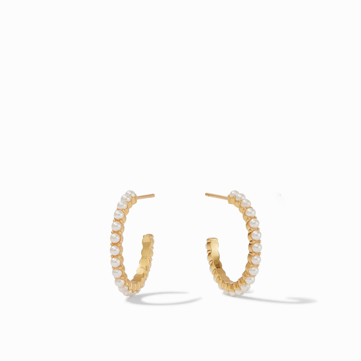 A pair of Juliet Hoop Gold earrings featuring 18K gold plating and small white pearl accents.