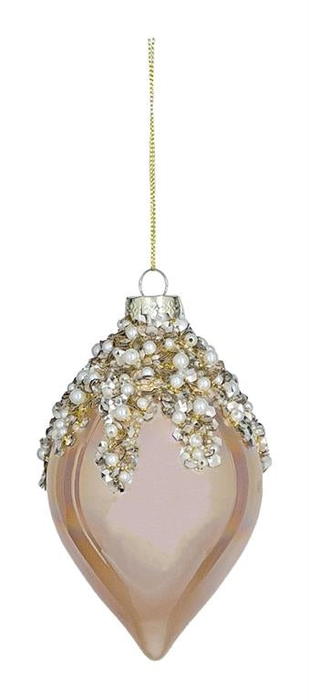 5-inch pearlized finial ornament with a sequin and faux pearl cap hanging from a gold string.