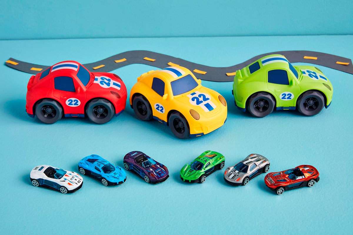Plastic race car rally set featuring colorful toy vehicles with racing decals.