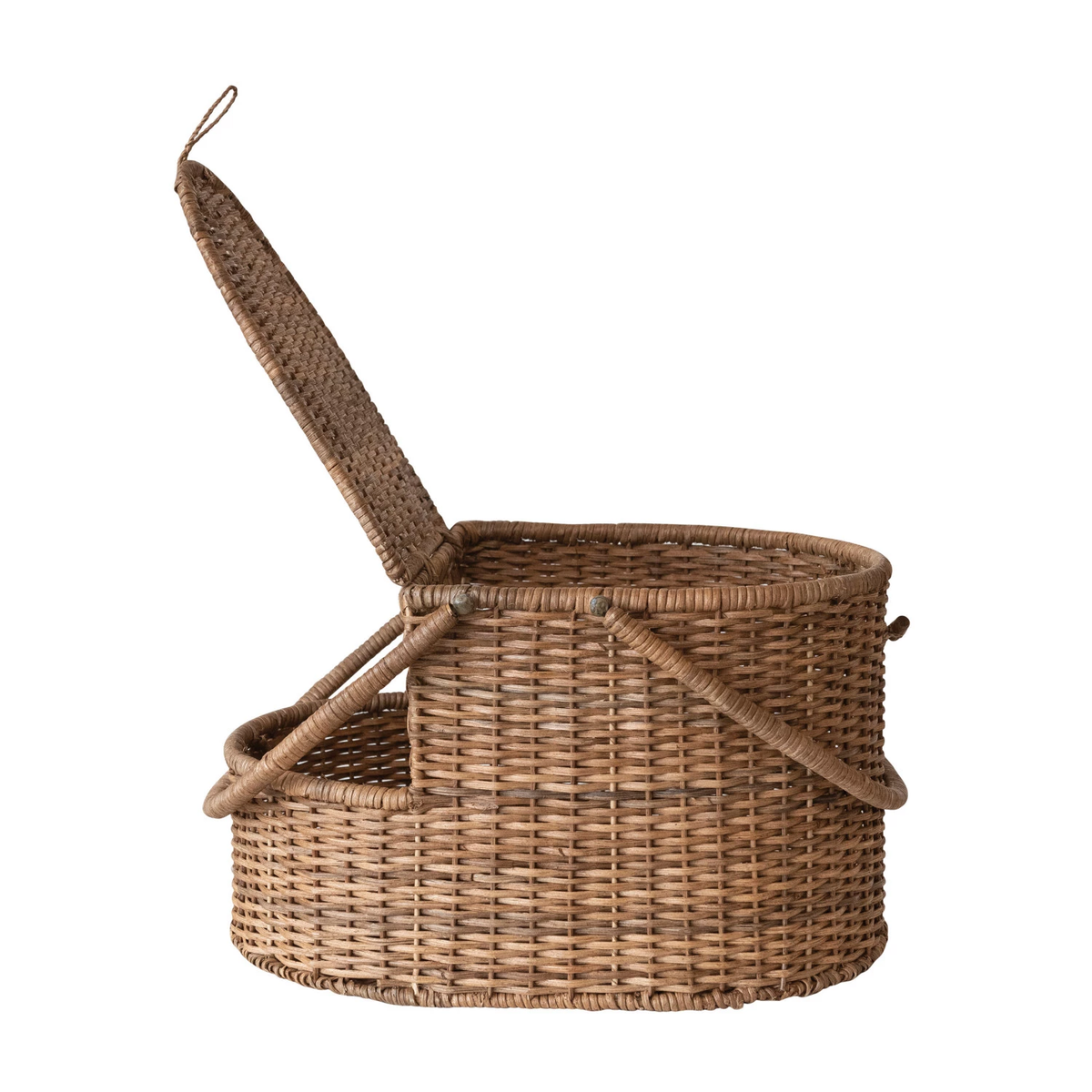 Oval rattan wicker picnic basket with open side compartment and two handles