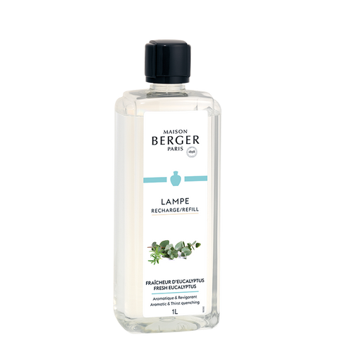 Lampe Berger 1L refill bottle with Fresh Eucalyptus fragrance in clear glass packaging