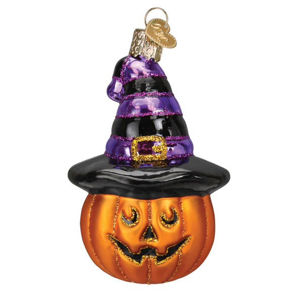 Glass Witch Pumpkin Ornament featuring a jack-o'-lantern wearing a purple and black striped hat.