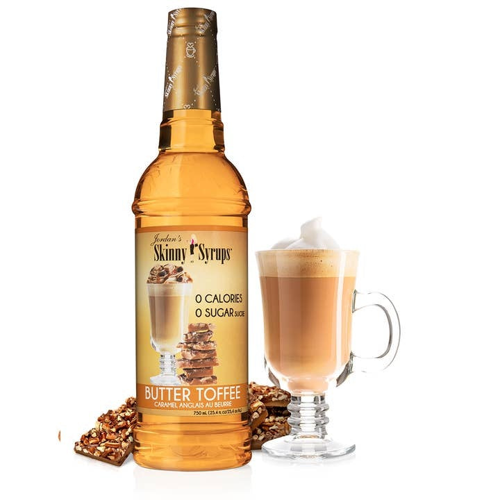 Bottle of sugar-free vanilla almond butter toffee syrup with a white label.