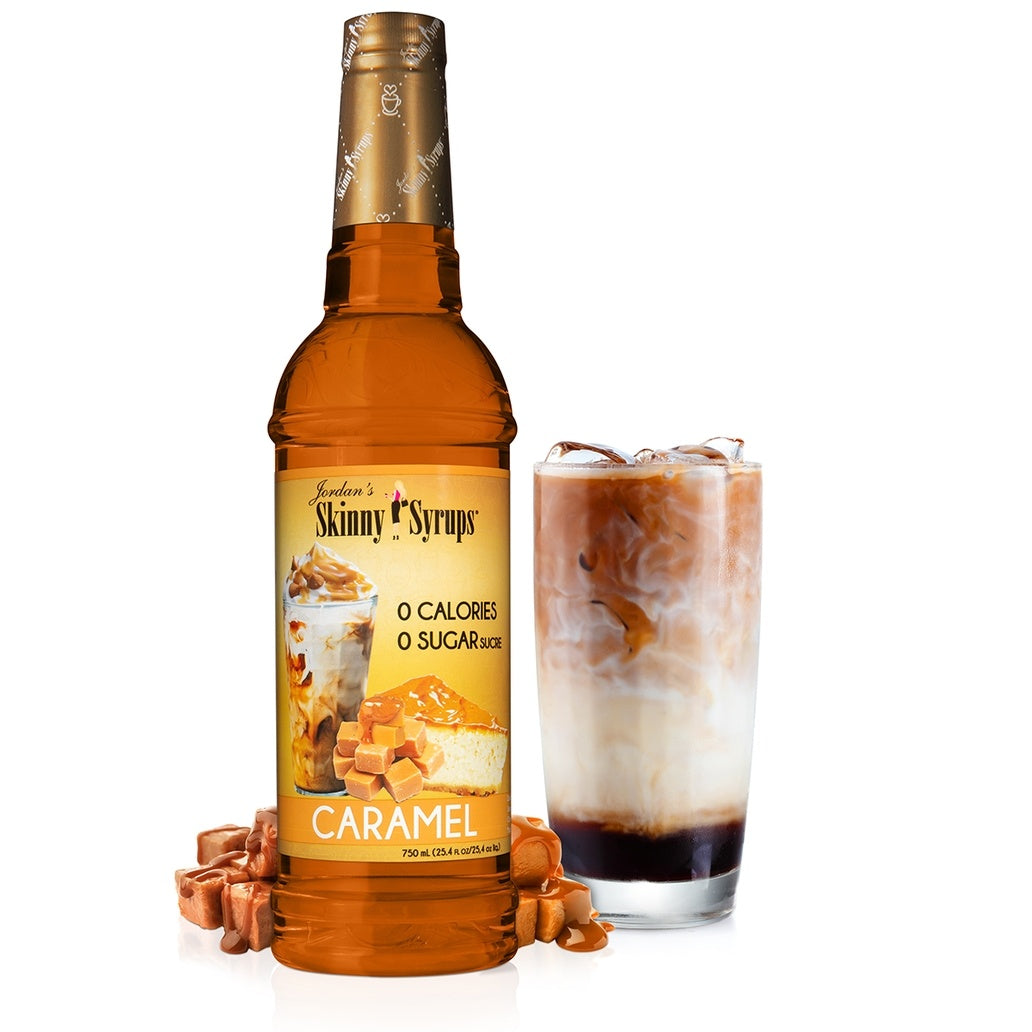 Bottle of Sugar Free caramel syrup with vanilla almond flavor