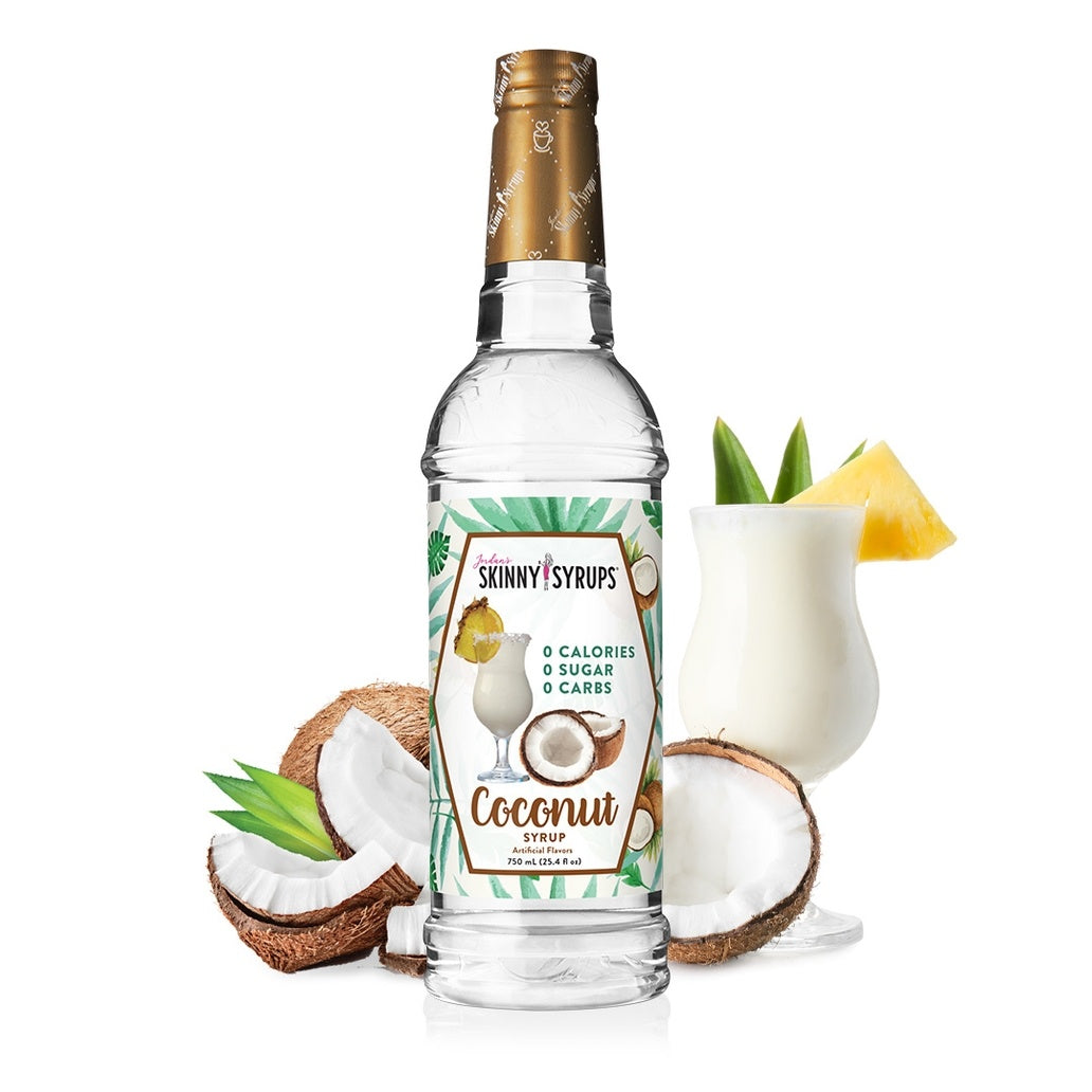 Bottle of sugar-free vanilla almond coconut syrup with a white label.