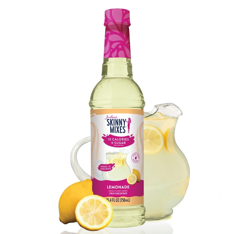 Bottle of sugar-free lemonade syrup concentrate with a yellow label.