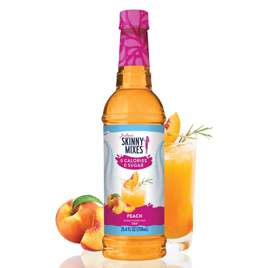 Bottle of sugar-free peach syrup with vanilla almond flavoring