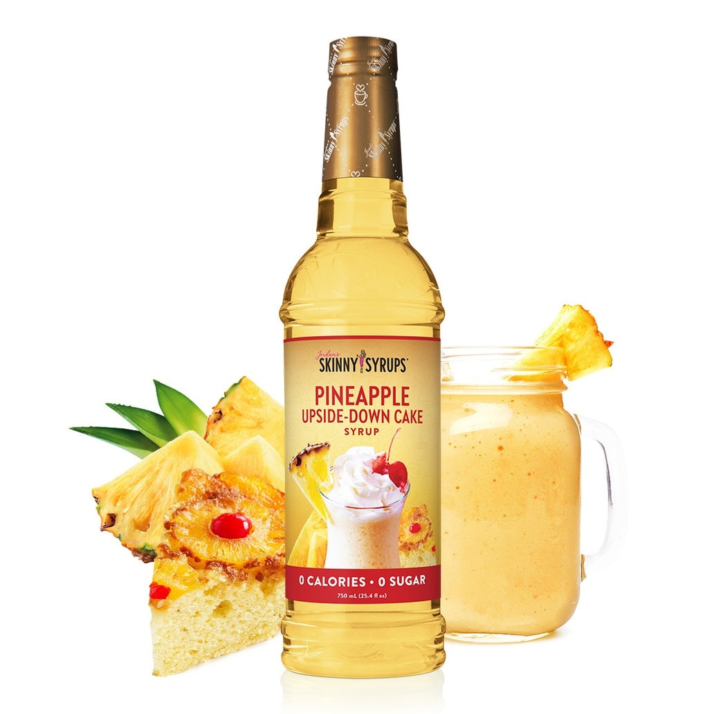 Bottle of Sugar Free vanilla almond syrup with pineapple upside down cake flavoring