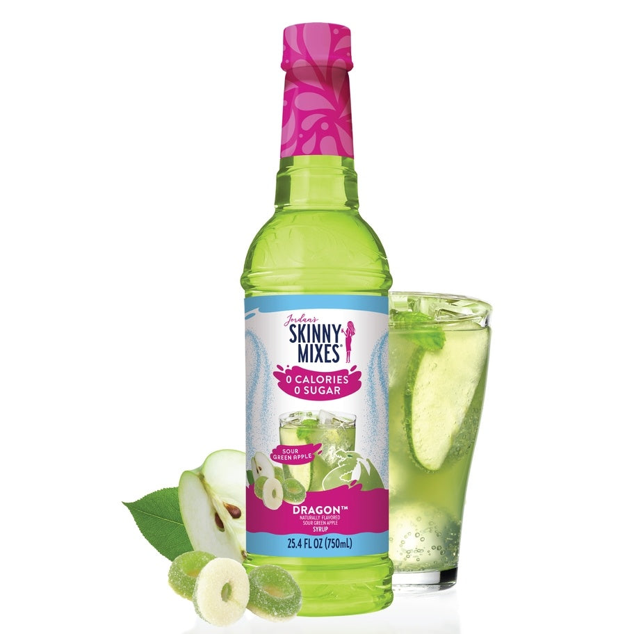 Bottle of Sugar Free vanilla almond syrup with sour dragon flavoring
