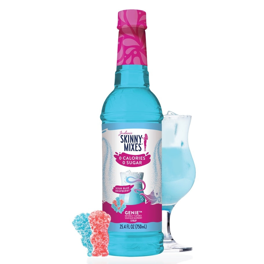 Bottle of Sugar Free vanilla almond syrup with sour genie flavoring