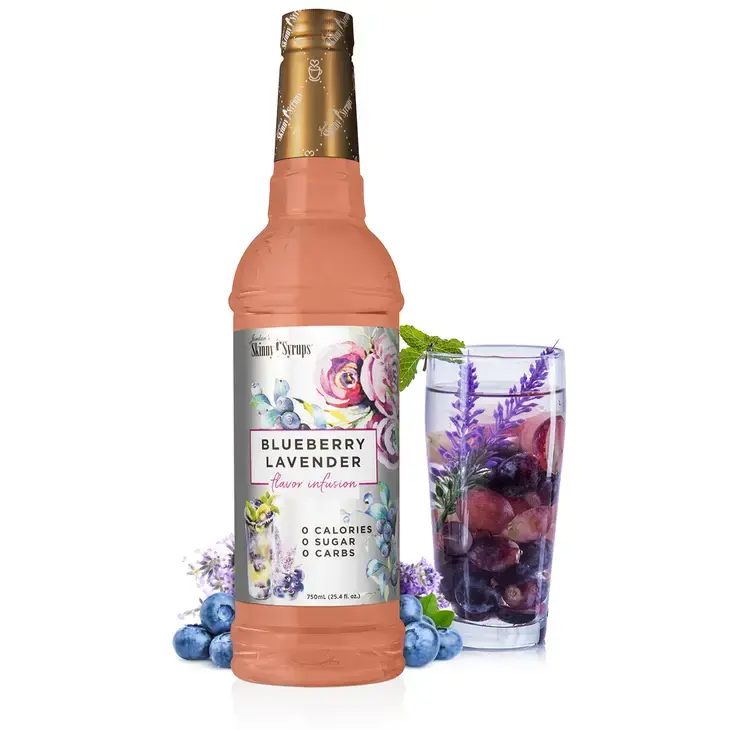 Bottle of sugar-free blueberry lavender syrup with a white label.