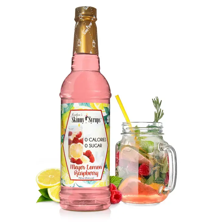 Glass bottle with a white label containing sugar-free raspberry syrup.