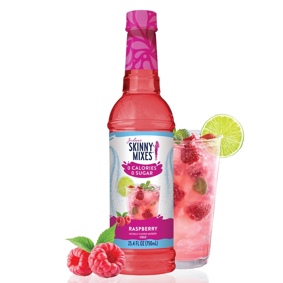 Bottle of sugar-free raspberry syrup with a clear liquid inside.