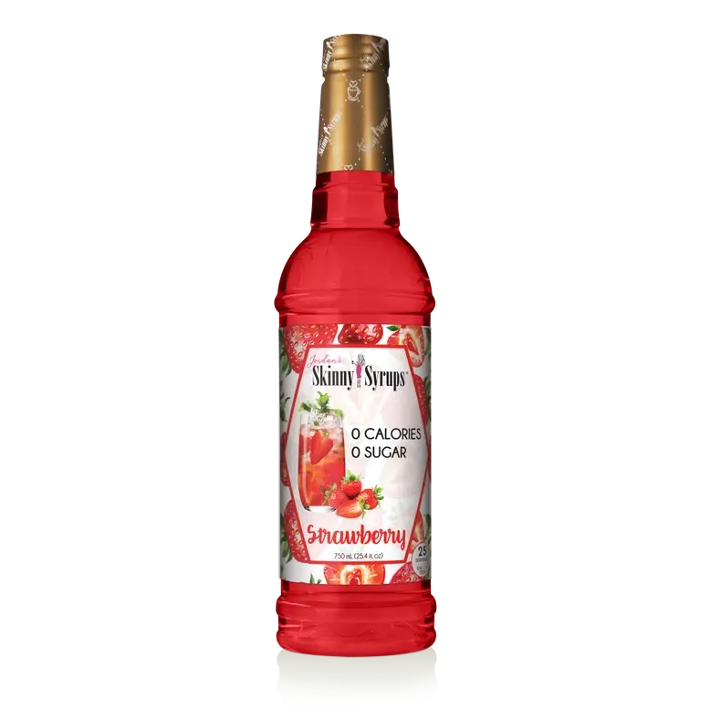 Bottle of sugar-free raspberry syrup with a red label.