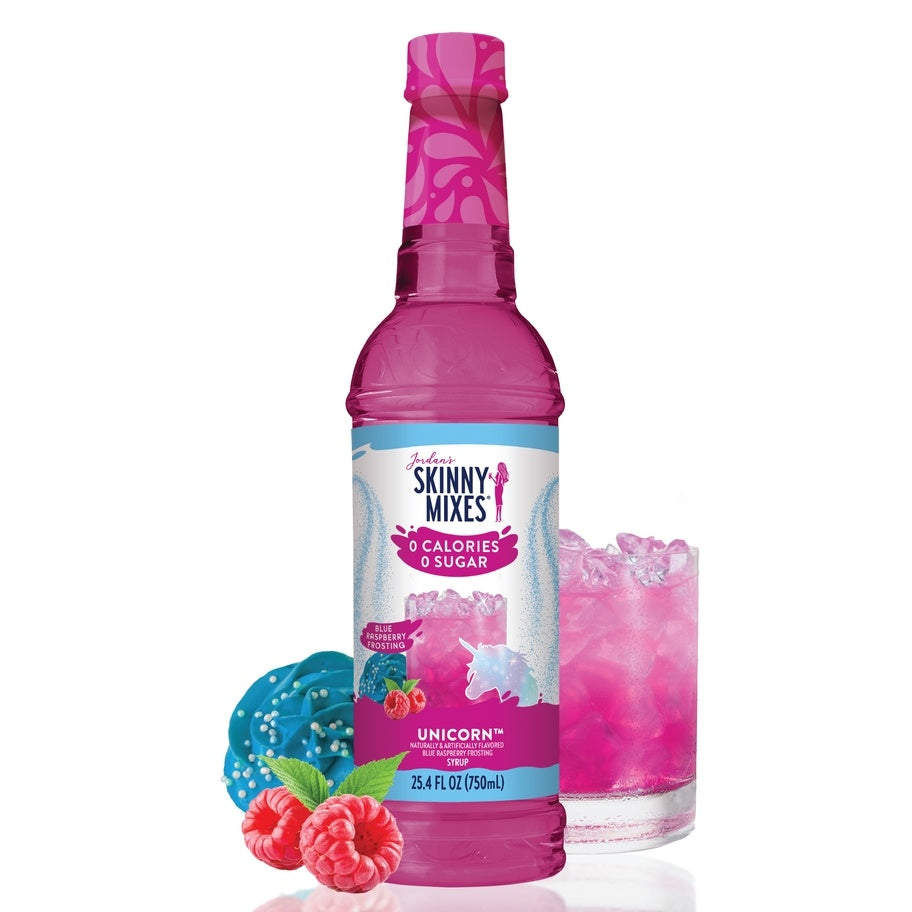 Bottle of sugar-free raspberry syrup with a clear liquid inside.