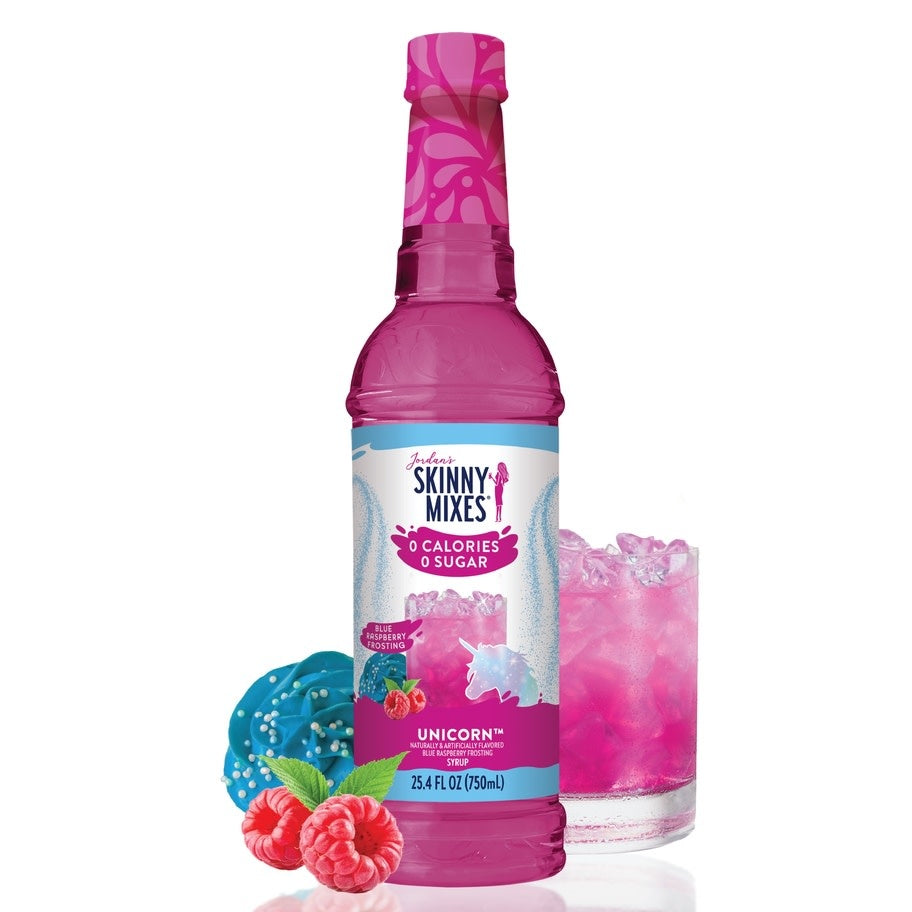 Bottle of sugar-free raspberry syrup with a clear liquid inside.