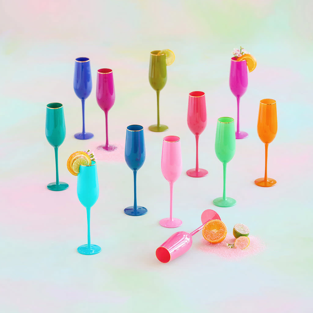 Handblown sugar plum champagne flute with gold accents