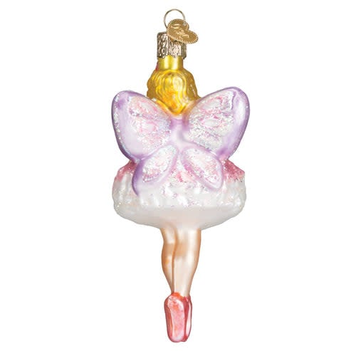 Sugar Plum Fairy ornament featuring a delicate ballerina silhouette in iridescent purple glass with gold accents.