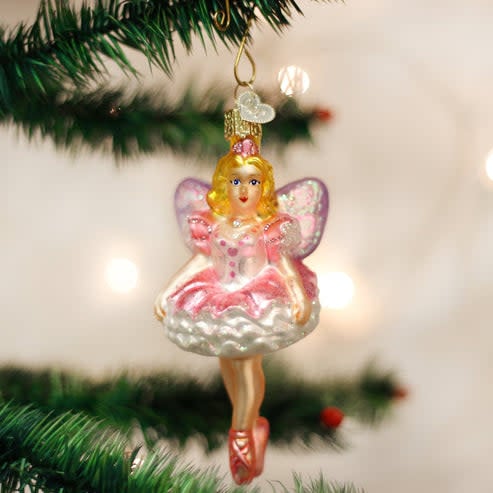 Glass Sugar Plum Fairy ornament with silver wings and pink bodice.
