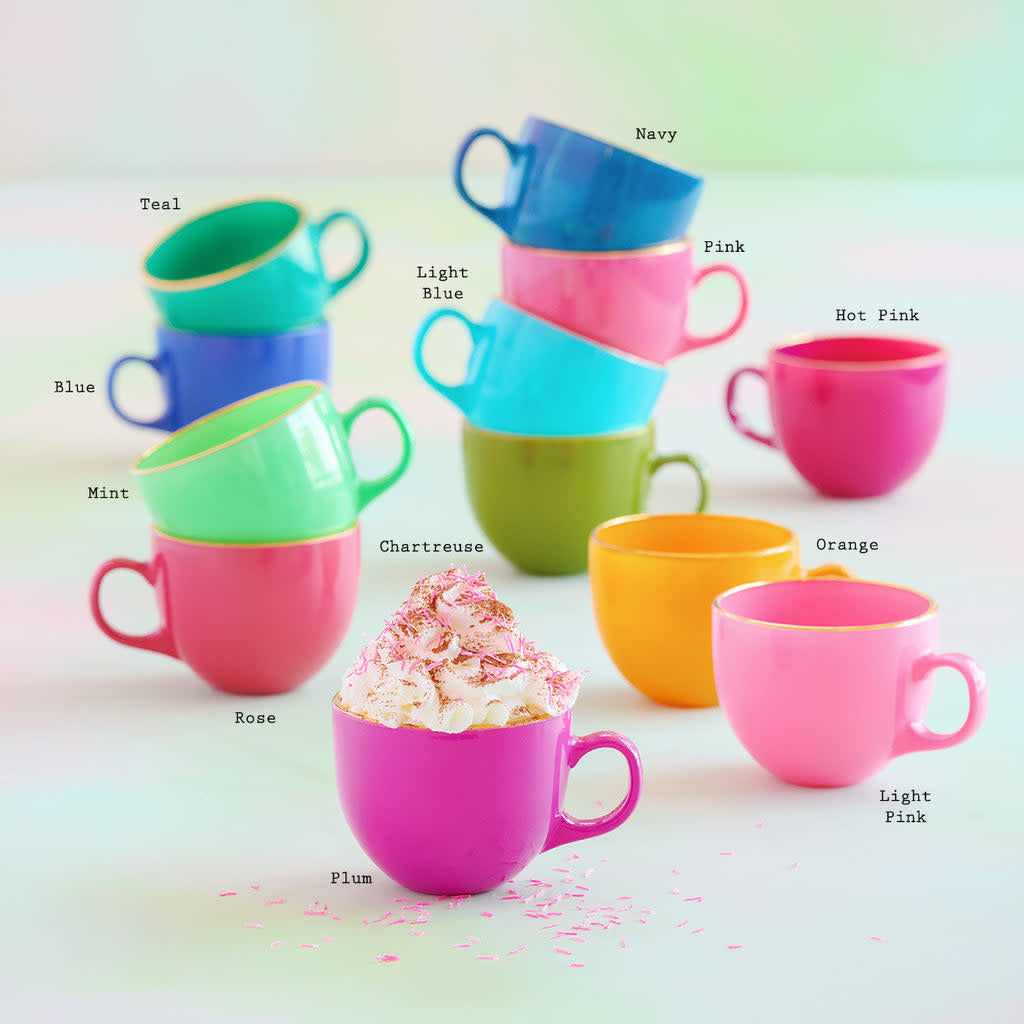 Handblown glass Sugar Plum mug with vibrant colors, gold accents, and a whimsical sugar plum design.
