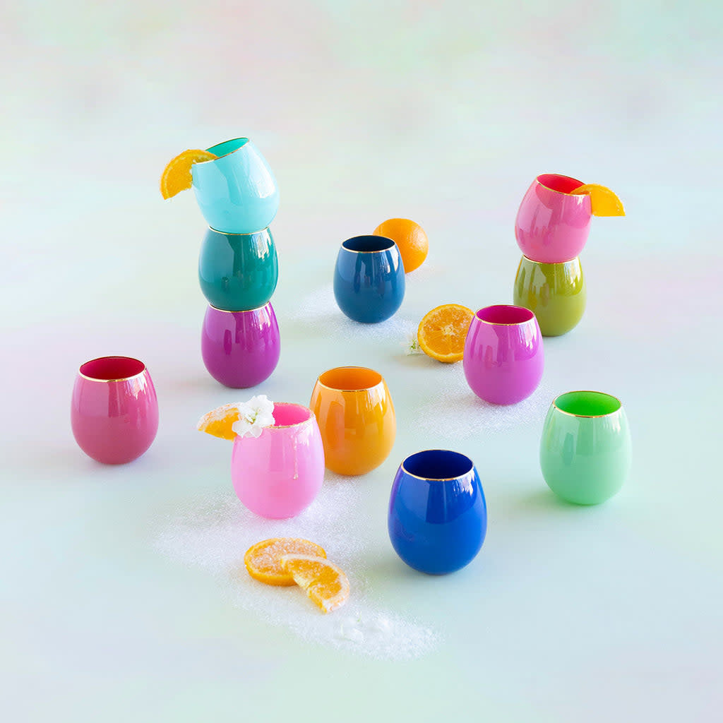 Sugar Plum glass with gold trim featuring a whimsical sugar plum pattern in vibrant colors.