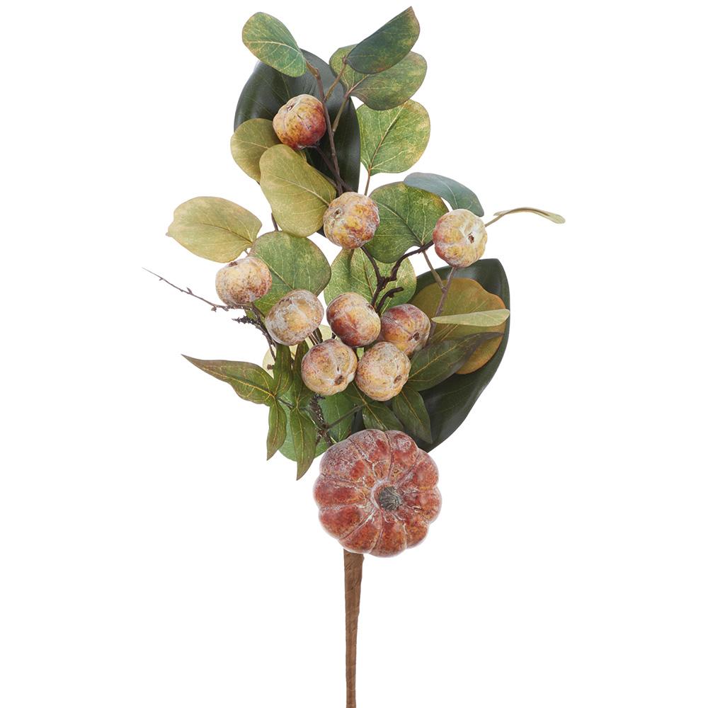 18-inch fall pick featuring a large orange pumpkin, small beige gourds, and green magnolia leaves.