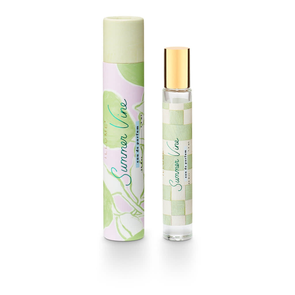 Summer Vine rollerball perfume bottle with a silver cap against a light background.