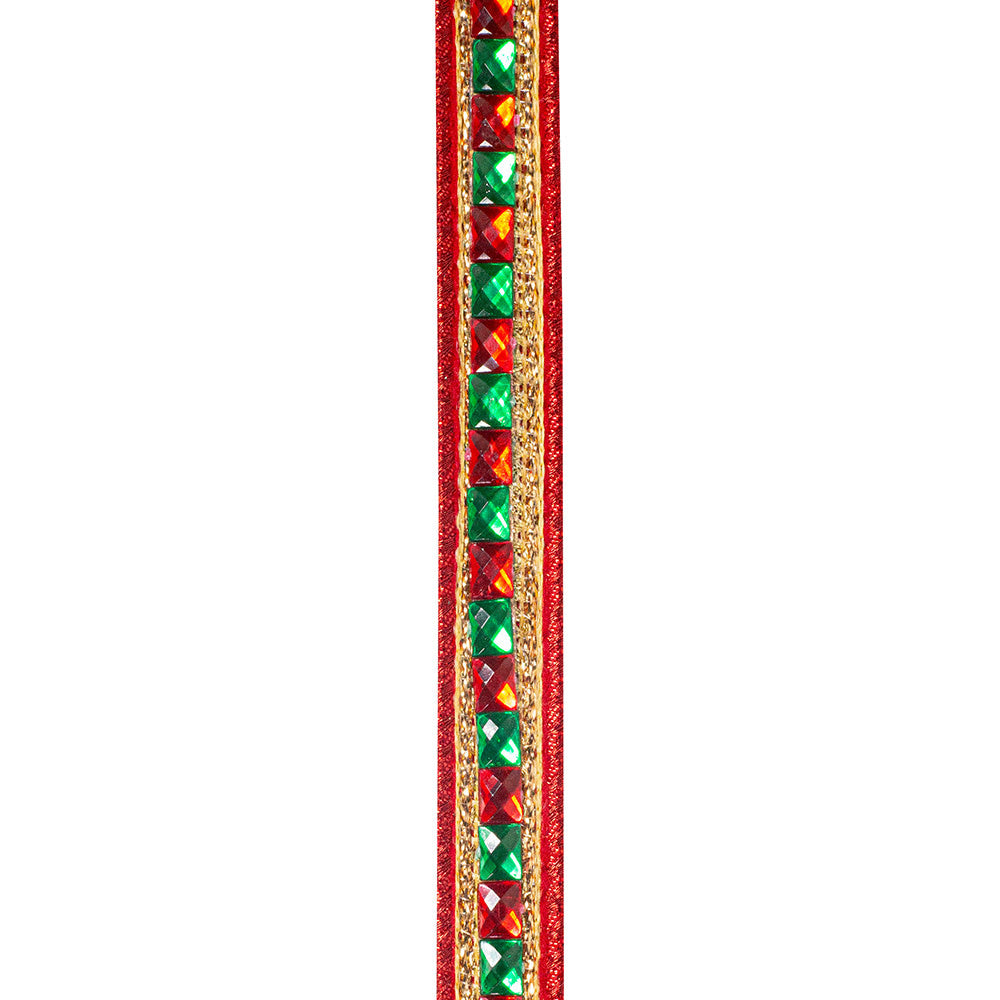 7/8 inch wide polyester ribbon with wired edges, metallic backing, and intricate jewel accents.