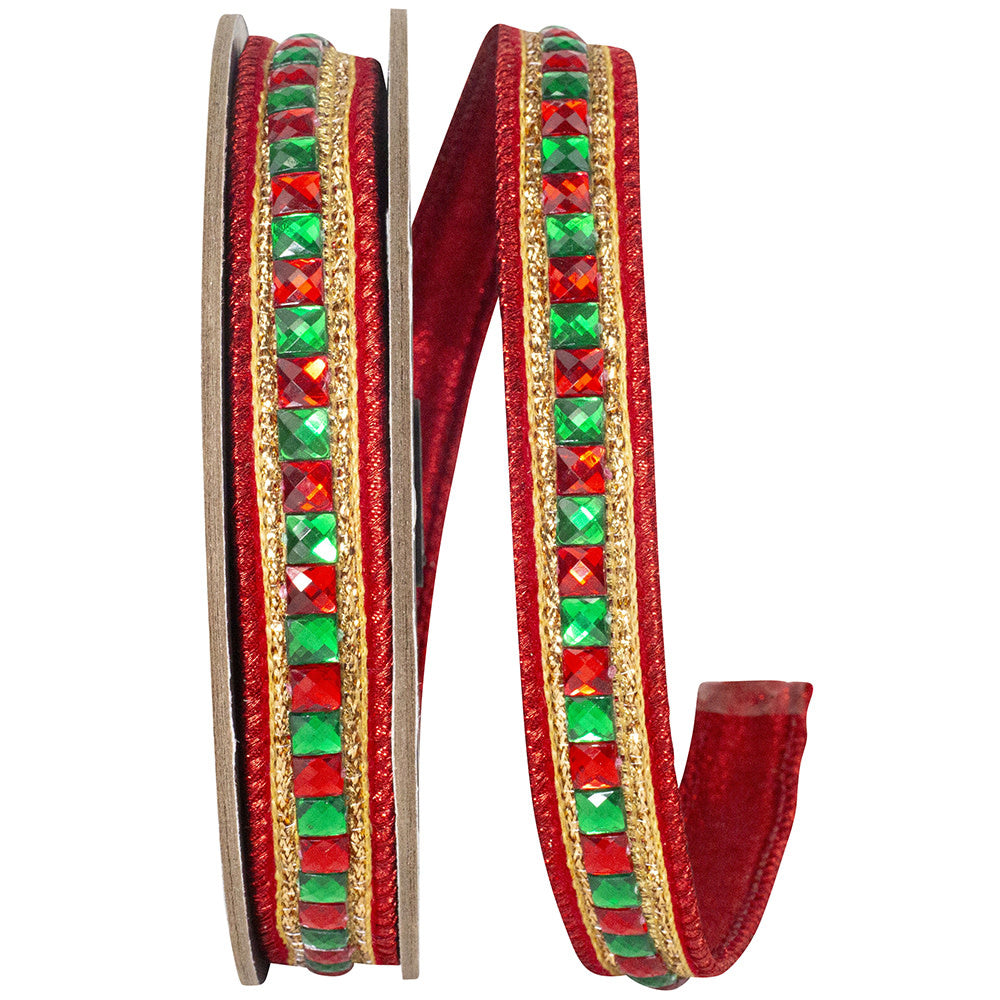 7/8 inch wide polyester ribbon with wired edges, metallic backing, and intricate jewel accents.