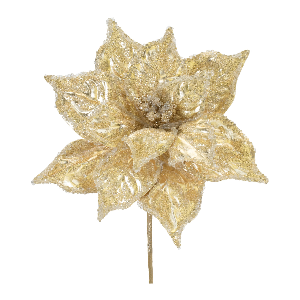 23-inch gold glittered poinsettia stem with textured petals and beaded edges.