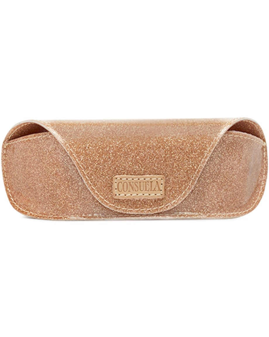 Structured neon pink star glitter sunglass case with magnetic closure, soft mesh lining, and natural leather logo patch.