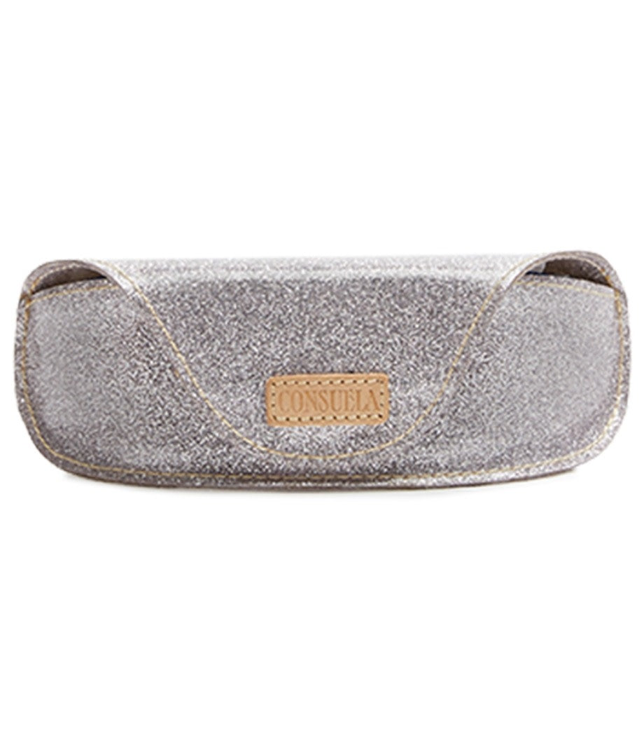 Structured neon pink star glitter sunglass case with magnetic closure, soft mesh lining, and natural leather logo patch.
