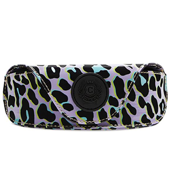 Structured neon pink star glitter sunglass case with magnetic closure, soft mesh lining, and natural leather logo patch.
