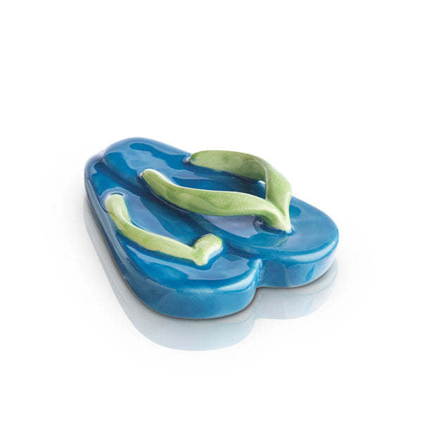 Blue flip-flop sandals with a sun-themed strap featuring yellow rays on white background.