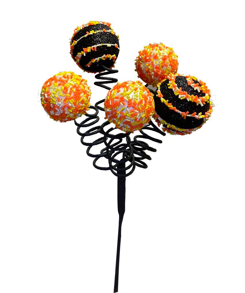 16-inch Halloween cake pop sprinkle pick with five orange, yellow, and black glittery spheres.