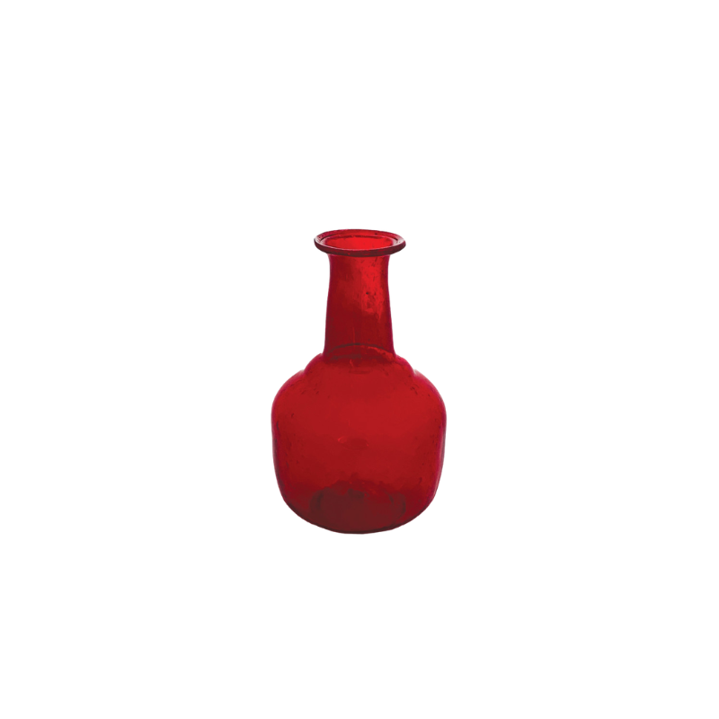 Hand-blown ruby red glass bud vase with a rounded base and narrow neck.