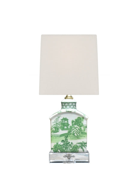 Porcelain green Chinoiserie mini jar lamp with crystal base, off-white hardback shade, and hand-rolled edge details.