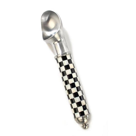 Aluminum ice cream scoop with Courtly Check enamel coating featuring a black-and-white checkered pattern.
