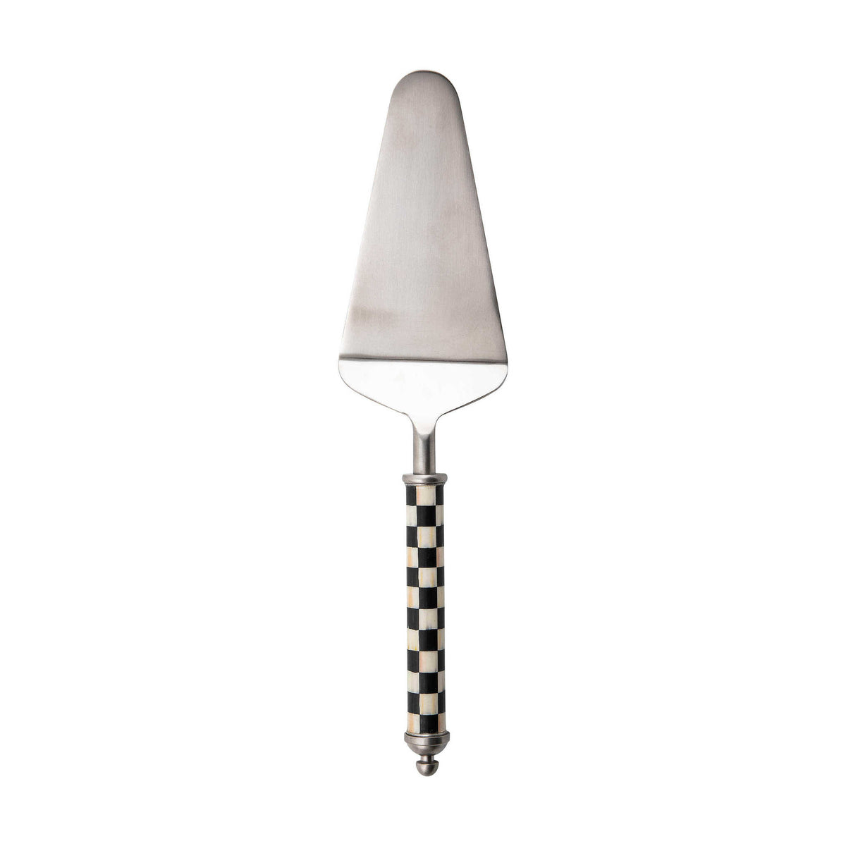 Courtly Check pie server with black checkered enamel coating on stainless steel.