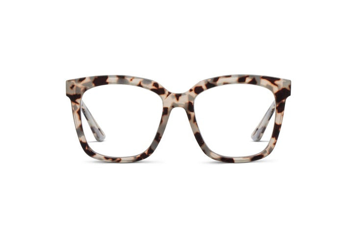 Next Level Progressives square tortoise shell glasses with clear lenses.